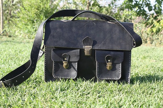 Charcoal Black Leather Messenger Bag / Satchel