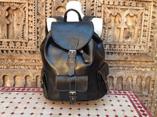 Load image into Gallery viewer, Large Black Handmade Travel Leather Backpack with 3 front Pockets and back zippered pocket