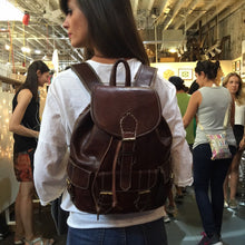 Load image into Gallery viewer, Sangria brown Hand-Stitched Leather Backpack Purse with three handy pockets. Rucksack, Satchel Backpack, Travel Backpack
