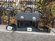 Load image into Gallery viewer, \Leather Messenger bag Satchel inlaid lapis lazuli surrounded by vintage silver