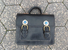 Load image into Gallery viewer, \Leather Messenger bag Satchel inlaid lapis lazuli surrounded by vintage silver