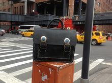 Load image into Gallery viewer, \Leather Messenger bag Satchel inlaid lapis lazuli surrounded by vintage silver