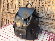 Load image into Gallery viewer, Large Black Handmade Travel Leather Backpack with 3 front Pockets and back zippered pocket