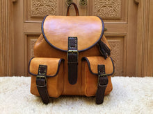 Load image into Gallery viewer, Handmade Leather Caramel and Chocolate Backpack with 2 front Pockets and Inside Zipper Pocket