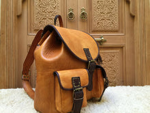 Load image into Gallery viewer, Handmade Leather Caramel and Chocolate Backpack with 2 front Pockets and Inside Zipper Pocket