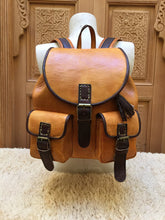 Load image into Gallery viewer, Handmade Leather Caramel and Chocolate Backpack with 2 front Pockets and Inside Zipper Pocket