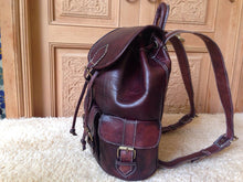 Load image into Gallery viewer, Sangria brown Hand-Stitched Leather Backpack Purse with three handy pockets. Rucksack, Satchel Backpack, Travel Backpack