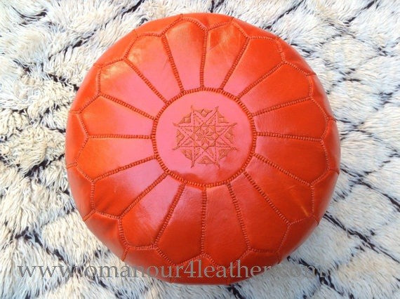Halloween ORANGE Leather Pouf - Its  one of the healing colors - On Sale -