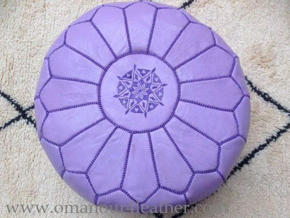 Purple Hand Stitched Leather Ottoman Pouf