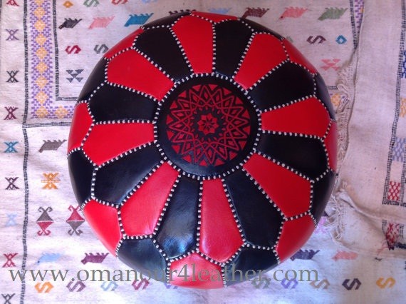Red & Black Combination on Hand Stitch Large Leather Ottoman Pouf  Ask a Question