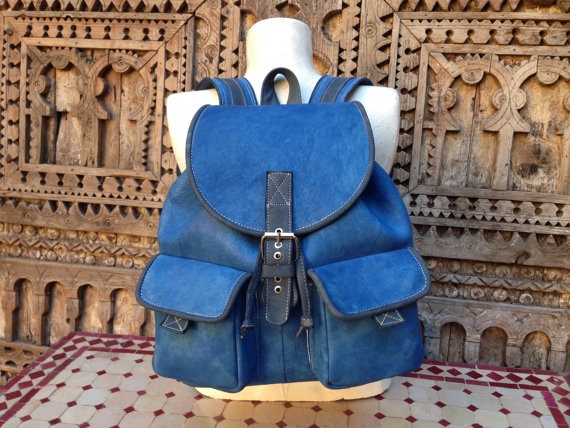 Navy Blue Handmade Leather Backpack
