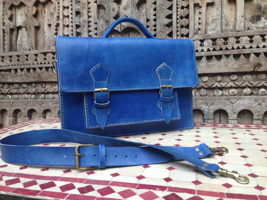 Brooklyn Blue indigo Leather Satchel - Messenger With Leather Handle and Cross Body Strap & Double Compartment