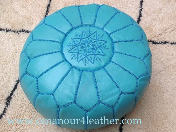 Stuffed Turquoise Genuine Leather Hand Stitched Ottoman Pouf