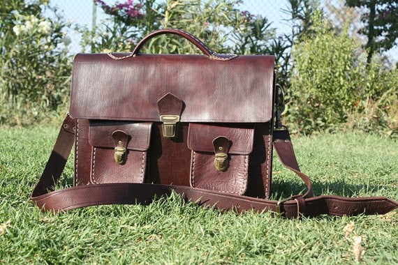 New York Chocolate Leather Briefcase with Snap Closure & Cross Body Strap and Leather Handle with two Compartments