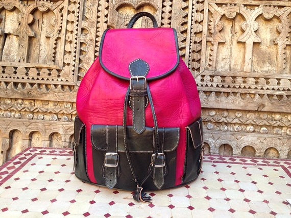 Large Leather Backpack in Hot Pink and Black Parts 16.5 inch H / 15 in L / 7.4 D