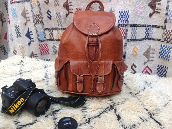 New York small camera Rustic Backpack - handmade natural Leather