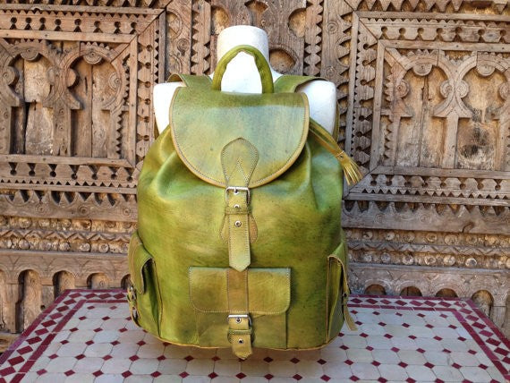 Handmade Olive Green LARGE Leather Backpack With Front Pockets