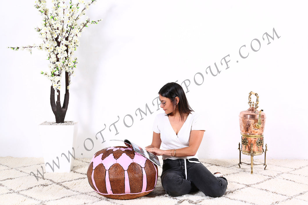 Brown & Pink Leather Pouf