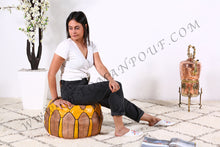 Load image into Gallery viewer, Natural Tan &amp; yellow Leather Pouf
