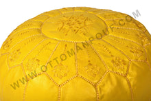 Load image into Gallery viewer, Hand Stitched Leather Mustard Yellow Ottoman Pouf

