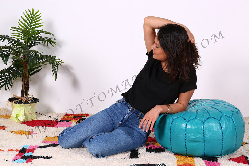 Turquoise Genuine Leather Hand Stitched Ottoman Pouf