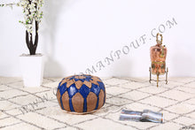 Load image into Gallery viewer, Natural Tan &amp; Blue Leather Pouf
