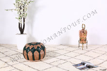 Load image into Gallery viewer, Natural Tan &amp; Green Leather Pouf
