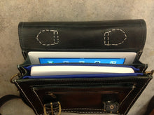 Load image into Gallery viewer, \Leather Messenger bag Satchel inlaid lapis lazuli surrounded by vintage silver
