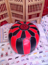 Load image into Gallery viewer, Red &amp; Black Combination on Hand Stitch Large Leather Ottoman Pouf  Ask a Question
