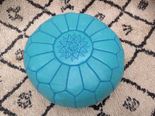 Load image into Gallery viewer, Stuffed Turquoise Genuine Leather Hand Stitched Ottoman Pouf
