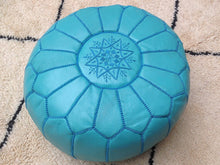 Load image into Gallery viewer, Stuffed Turquoise Genuine Leather Hand Stitched Ottoman Pouf
