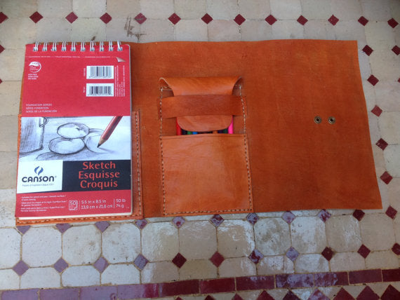 Orange Hermes Leather Wrap for Sketchbook and Colored Pencils -sale
