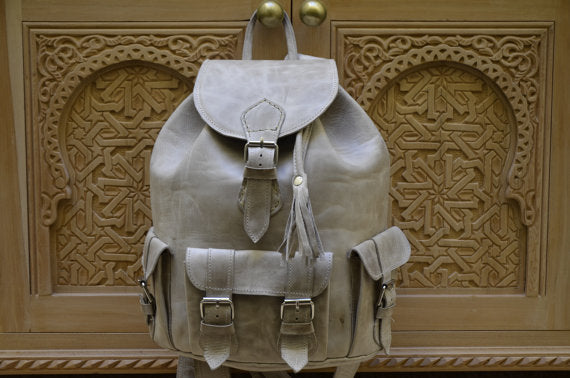 Small Light Gray Leather Backpack with Hand Stitching