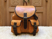 Load image into Gallery viewer, Handmade Leather Caramel and Chocolate Backpack with 2 front Pockets and Inside Zipper Pocket
