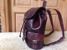 Load image into Gallery viewer, Sangria brown Hand-Stitched Leather Backpack Purse with three handy pockets. Rucksack, Satchel Backpack, Travel Backpack
